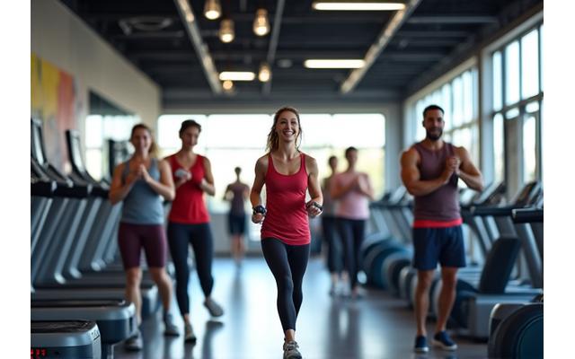 Dynamic shot of a modern gym interior with diverse people exercising and interacting, bright and inviting atmosphere.