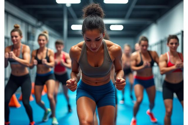 Group performing high-intensity interval training in a gym.
