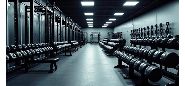 Free weights area with racks of dumbbells and barbells