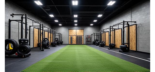 Functional training area with turf, sleds, and battle ropes