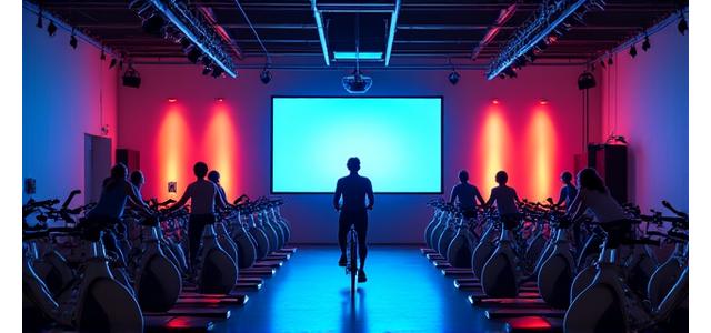 Spin class studio with stationary bikes and instructor's stage