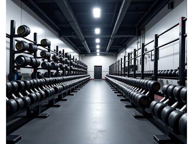 Spacious weightlifting area with various free weights